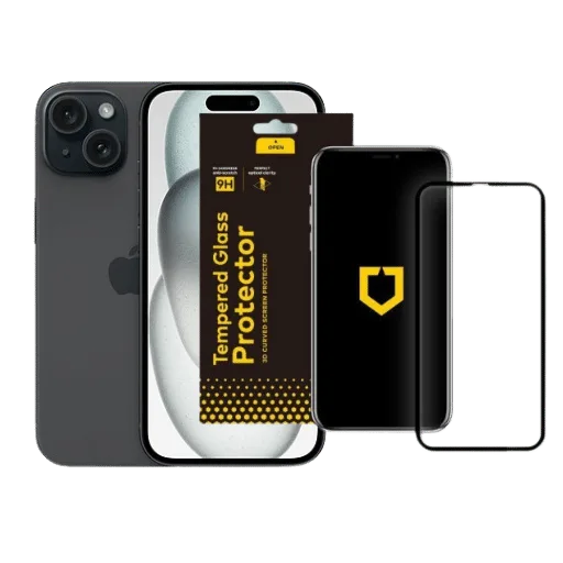 PAKET – Apple iPhone 15 – Schwarz, 128 GB + RhinoShield™-Displayschutz aus gehärtetem Glas