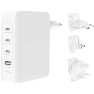 Belkin - Chargeur secteur ultra-rapide GAN USB-C 140w PD et PPS | 3 USB-C (140w max) + 1 USB-A (12w max) - Blanc