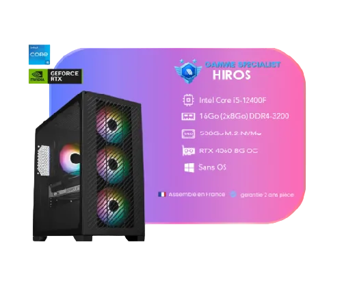 PC Gamer HIROS - Processeur Intel Core i5-12400F - RTX 4060 - 16 Go RAM - 500 Go SSD