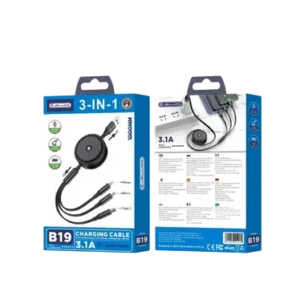 JELLICO B19 - Cable enrouleur USB - 3 en 1 (USB-C, Lightning, Micro-USB)