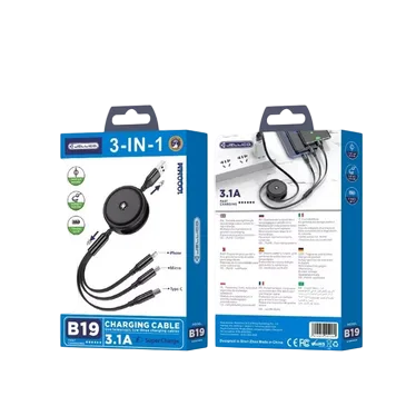 JELLICO B19 - USB Retractable Cable - 3-in-1 (USB-C, Lightning, Micro-USB)
