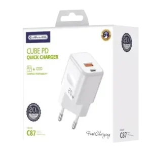 JELLICO C87 - Adaptateur secteur double ports USB / USB-C (20W) + Cable Type-C vers Lightning - Blanc