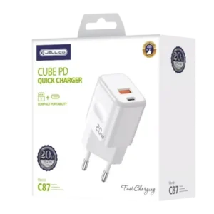 JELLICO C87 - Adaptateur secteur double ports USB / USB-C (20W) + Cable Type-C vers Type-C - Blanc