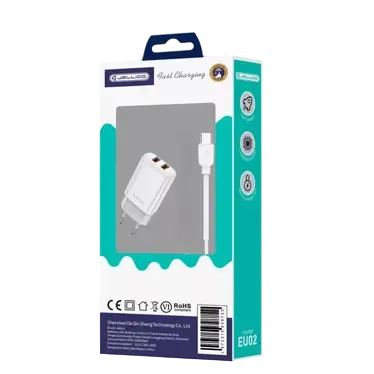 JELLICO EU02 - Adaptador de corriente USB (2,4 A) de dos puertos con cable de USB a USB-C - Blanco