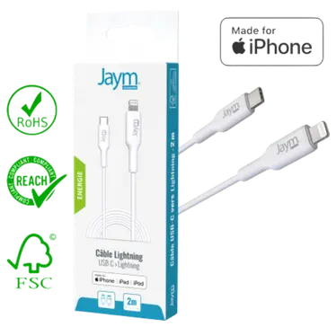 Jaym® Câble USB-C vers Lightning - Charge & Synchronisation MFi PD 3.0 (30W) - 2m - Blanc