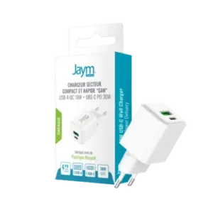 Jaym® Chargeur secteur compact GaN Double USB - USB-C 30W PD & PPS + USB-A 18W QC - Certifié GRS