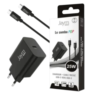 JAYM POP Pack Chargeur USB-C PD 25 W + Câble USB-C vers USB-C 1,5 m Noir