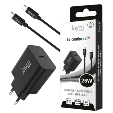 JAYM POP Pack Chargeur USB-C PD 25 W + Câble USB-C vers USB-C 1,5 m Noir