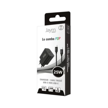 JAYM POP Pack Chargeur USB-C PD 25 W + Câble USB-C vers USB-C 1,5 m Noir – Image 2