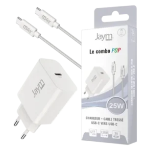 JAYM POP Pack Chargeur USB-C PD 25 W + Câble USB-C vers USB-C 1,5 m Blanc