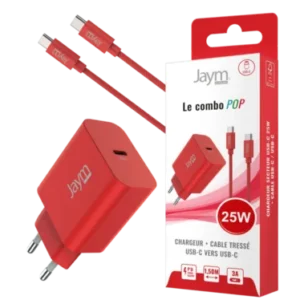 JAYM POP Pack Chargeur USB-C PD 25 W + Câble USB-C vers USB-C 1,5 m Rouge