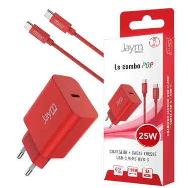 JAYM POP Pack Chargeur USB-C PD 25 W + Câble USB-C vers USB-C 1,5 m Rouge