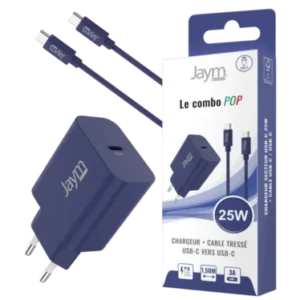 JAYM POP Pack Chargeur USB-C PD 25 W + Câble USB-C vers USB-C 1,5 m Bleu marine
