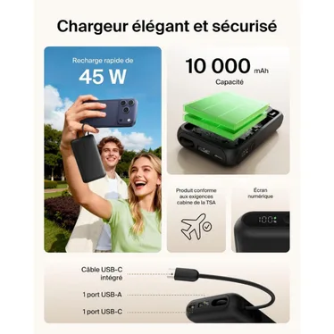 Belkin UltraCharge Batterie externe 10 000 mAh 45W USB-C PD USB-A avec câble intégré Noir – Image 6