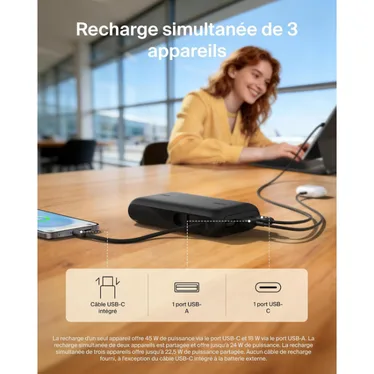 Belkin UltraCharge Batterie externe 10 000 mAh 45W USB-C PD USB-A avec câble intégré Noir – Image 7