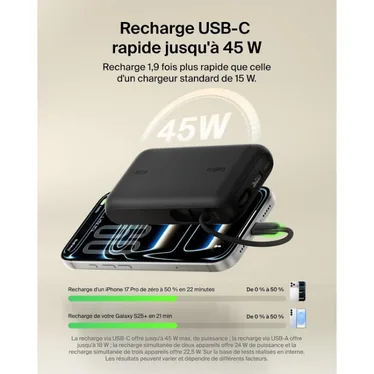Belkin UltraCharge Batterie externe 10 000 mAh 45W USB-C PD USB-A avec câble intégré Noir – Image 9
