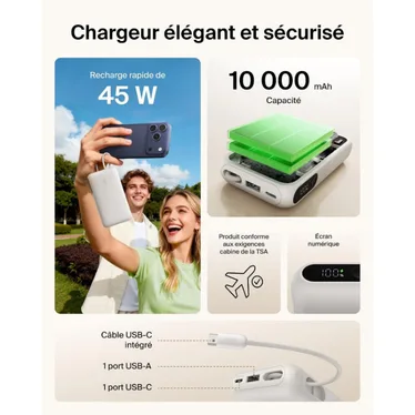 Belkin UltraCharge Batterie externe 10 000 mAh 45W USB-C PD USB-A avec câble intégré Sable – Image 6