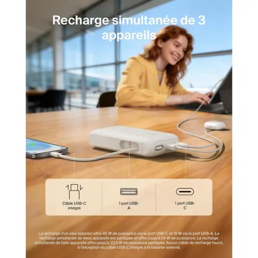 Belkin UltraCharge Batterie externe 10 000 mAh 45W USB-C PD USB-A avec câble intégré Sable – Image 7