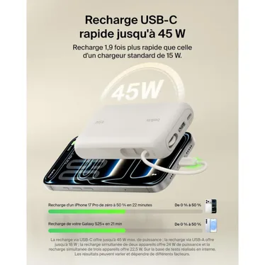 Belkin UltraCharge Batterie externe 10 000 mAh 45W USB-C PD USB-A avec câble intégré Sable – Image 8