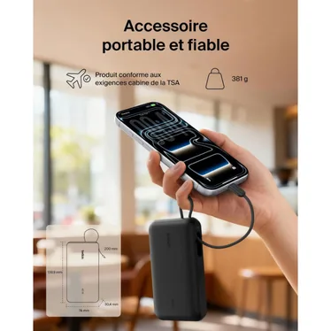 Belkin UltraCharge Batterie externe 20 000 mAh 45W USB-C PD USB-A avec câble intégré Noir – Image 10