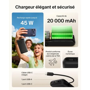 Belkin UltraCharge Batterie externe 20 000 mAh 45W USB-C PD USB-A avec câble intégré Noir – Image 6