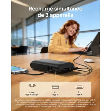 Belkin UltraCharge Batterie externe 20 000 mAh 45W USB-C PD USB-A avec câble intégré Noir – Image 7