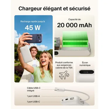 Belkin UltraCharge Batterie externe 20 000 mAh 45W USB-C PD USB-A avec câble intégré Sable – Image 6