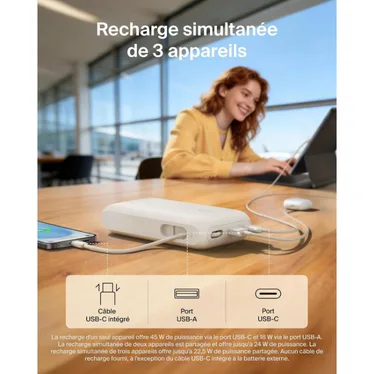 Belkin UltraCharge Batterie externe 20 000 mAh 45W USB-C PD USB-A avec câble intégré Sable – Image 7